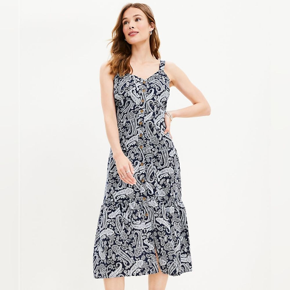 LOFT Blue Paisley Linen Blend Button Front Midi Dress Size 6